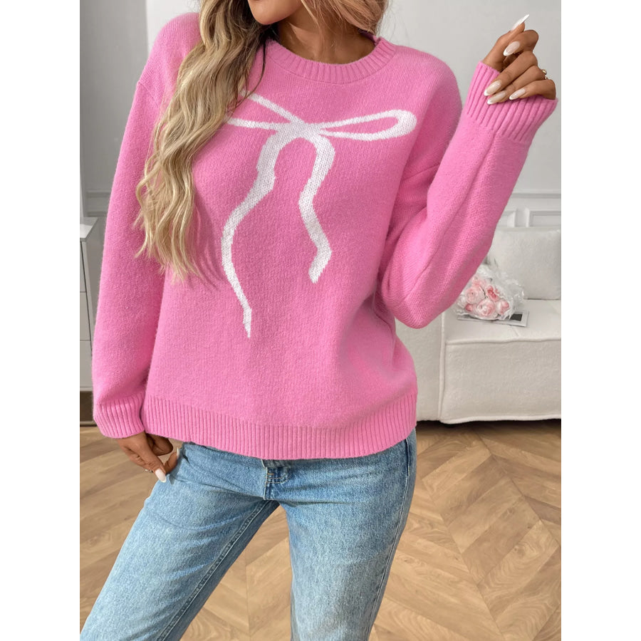 Bow Round Neck Long Sleeve Sweater Apparel and Accessories