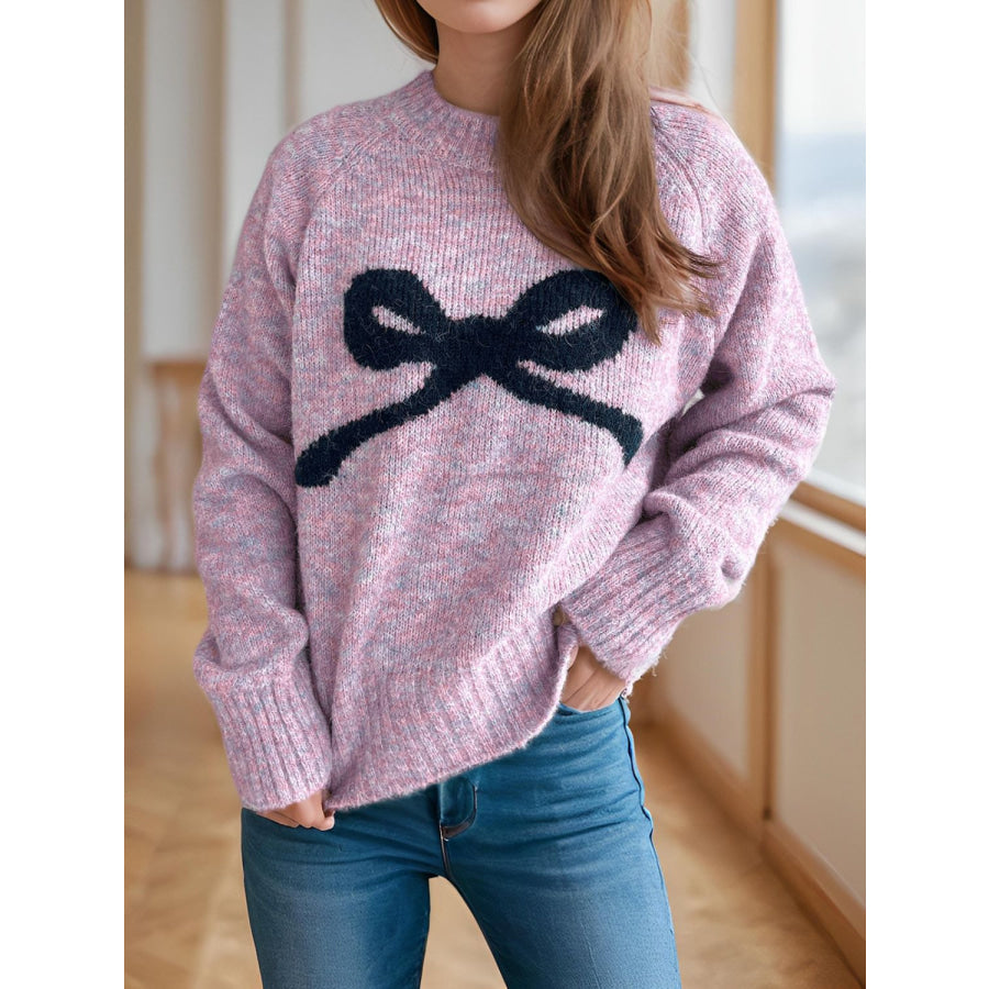 Bow Round Neck Long Sleeve Sweater Apparel and Accessories