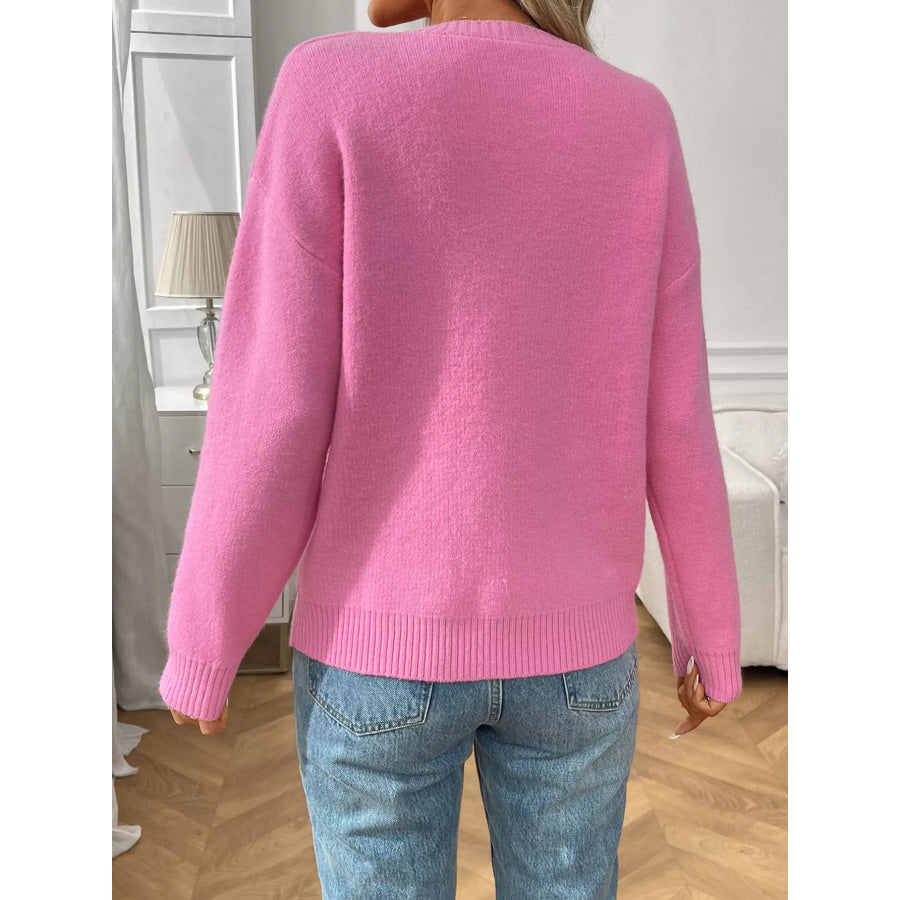 Bow Round Neck Long Sleeve Sweater Apparel and Accessories