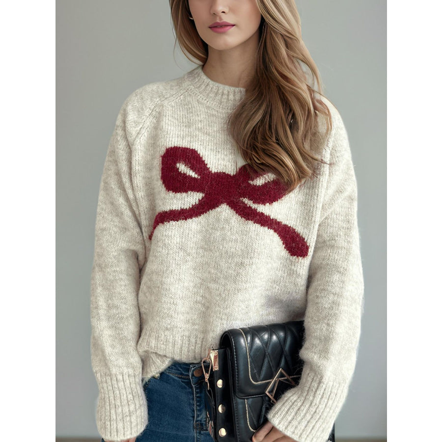 Bow Round Neck Long Sleeve Sweater Beige / One Size Apparel and Accessories