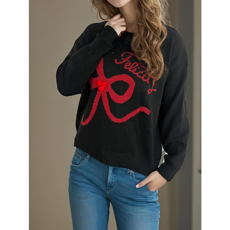 Bow Round Neck Long Sleeve Sweater Black / One Size Apparel and Accessories