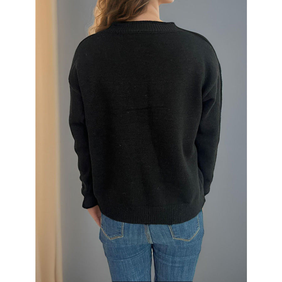 Bow Round Neck Long Sleeve Sweater Black / One Size Apparel and Accessories