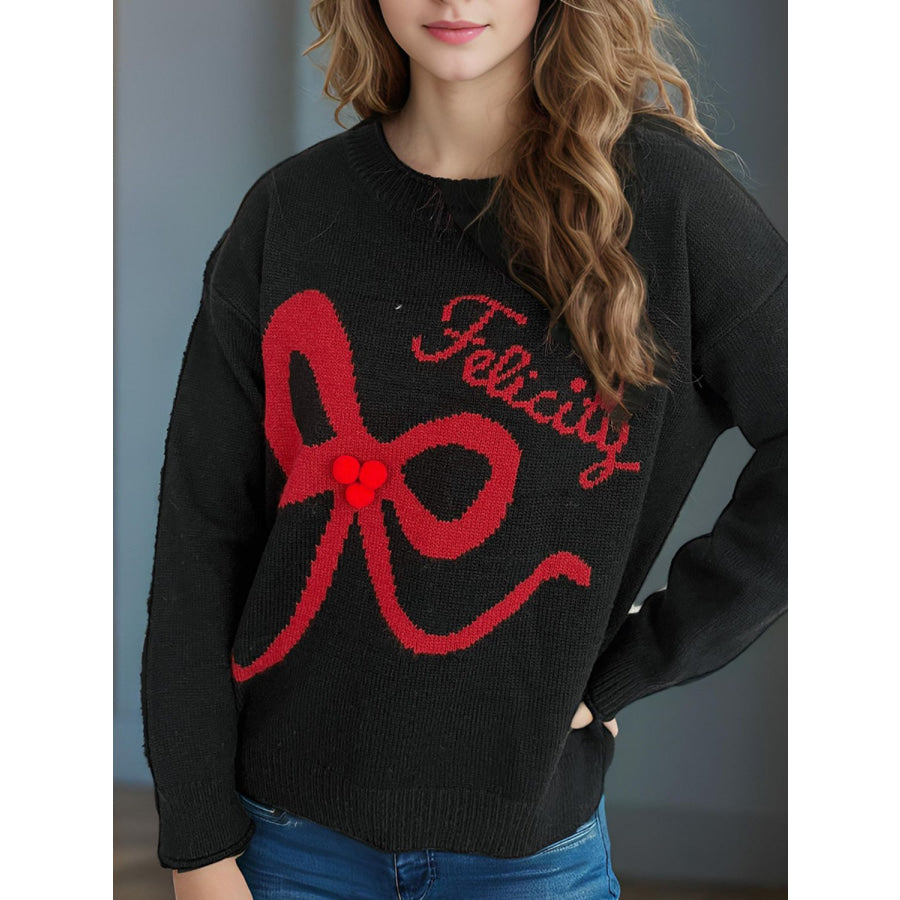 Bow Round Neck Long Sleeve Sweater Black / One Size Apparel and Accessories