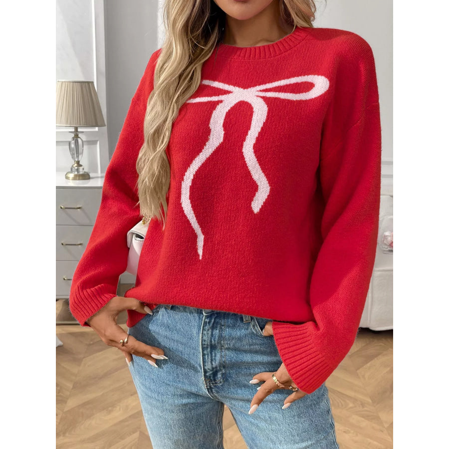 Bow Round Neck Long Sleeve Sweater Deep Red / S Apparel and Accessories