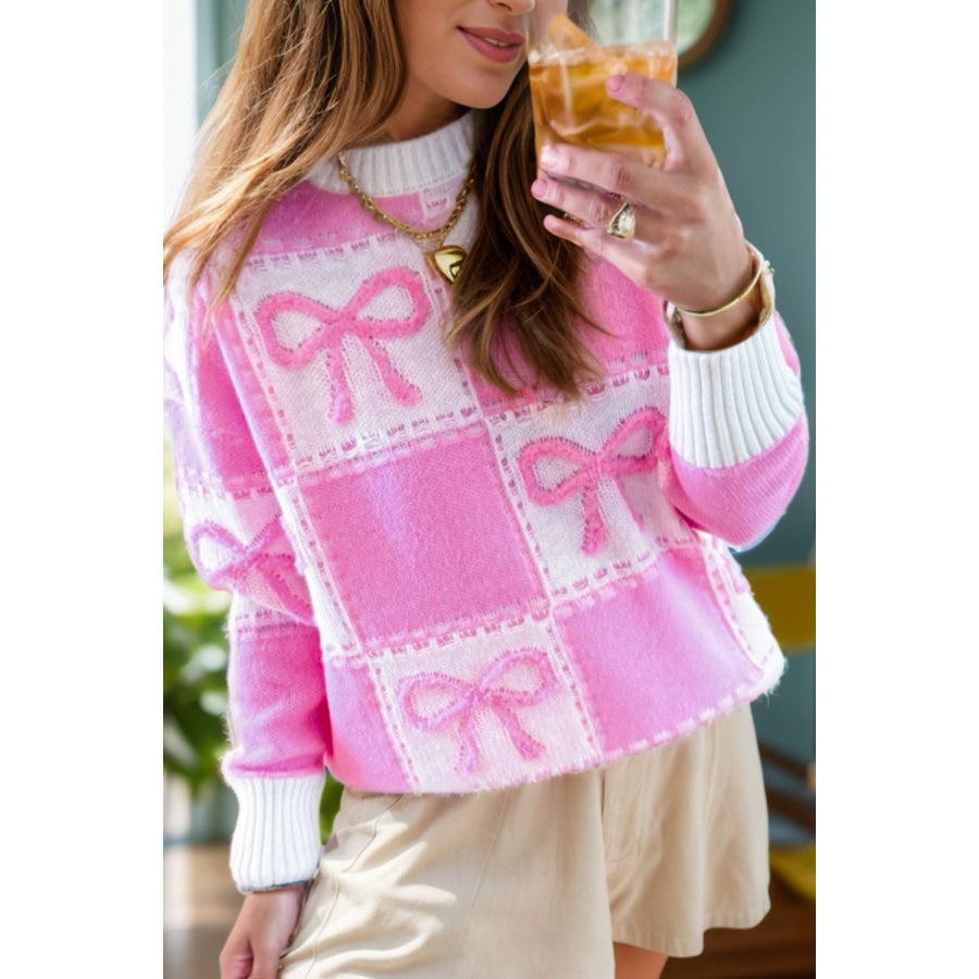 Bow Round Neck Long Sleeve Sweater Fuchsia Pink / S Apparel and Accessories