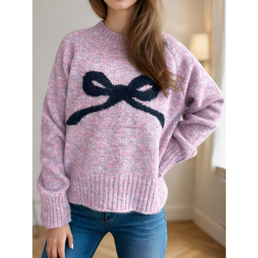 Bow Round Neck Long Sleeve Sweater Pink Purple / One Size Apparel and Accessories