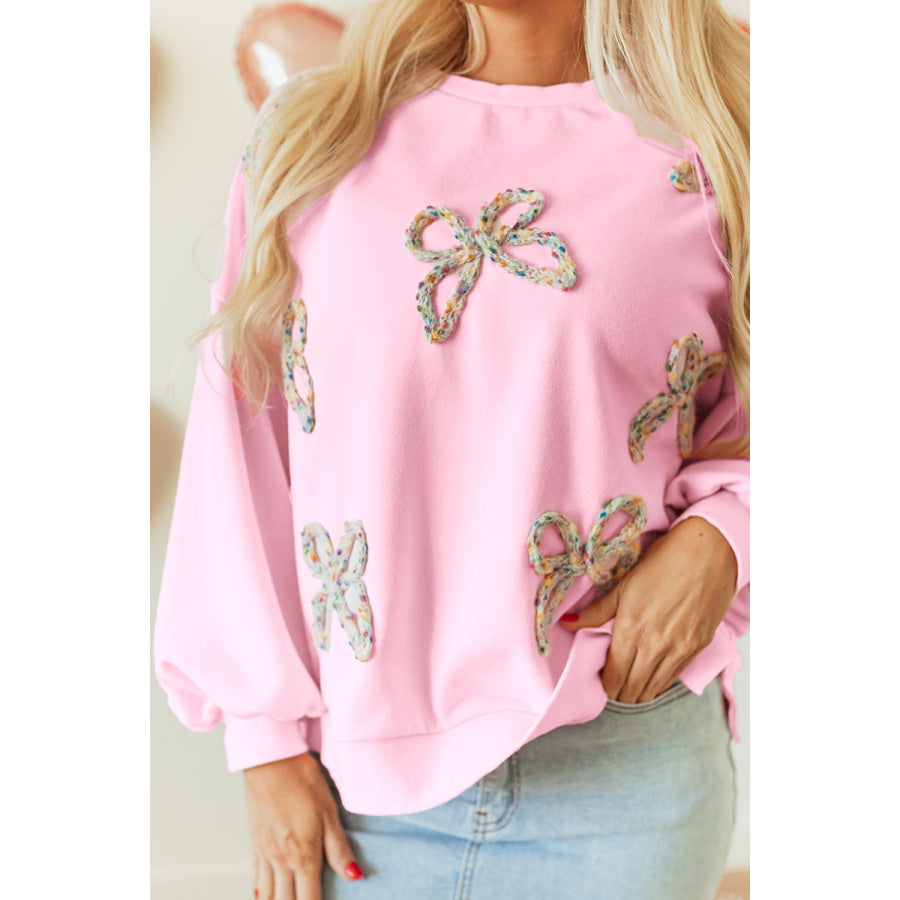 Bow Round Neck Long Sleeve Sweatshirt Blush Pink / S Apparel and Accessories