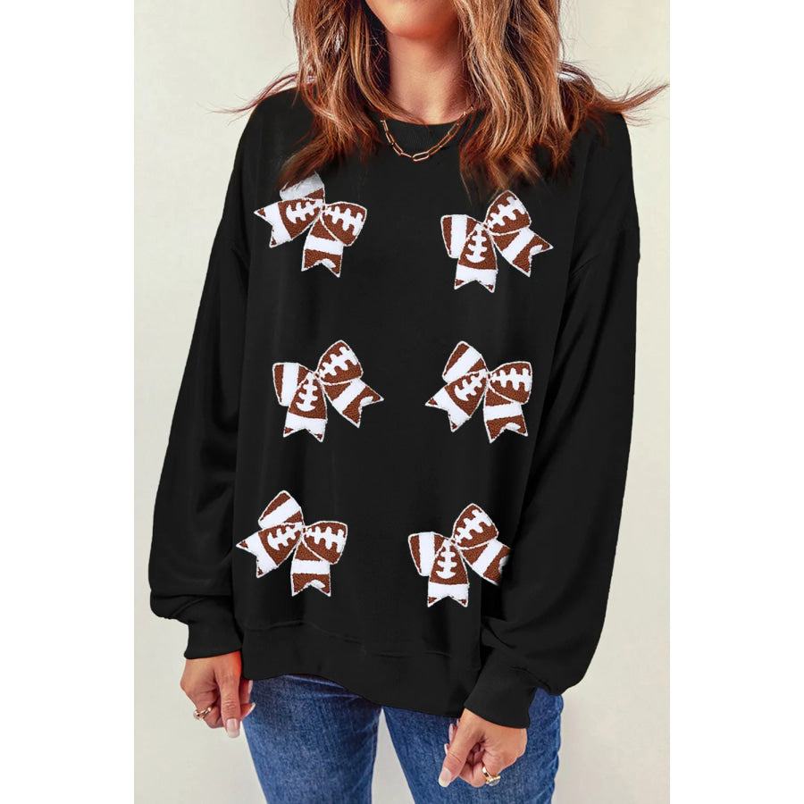 Bow Round Neck Long Sleeve Sweatshirt Black / S Apparel and Accessories