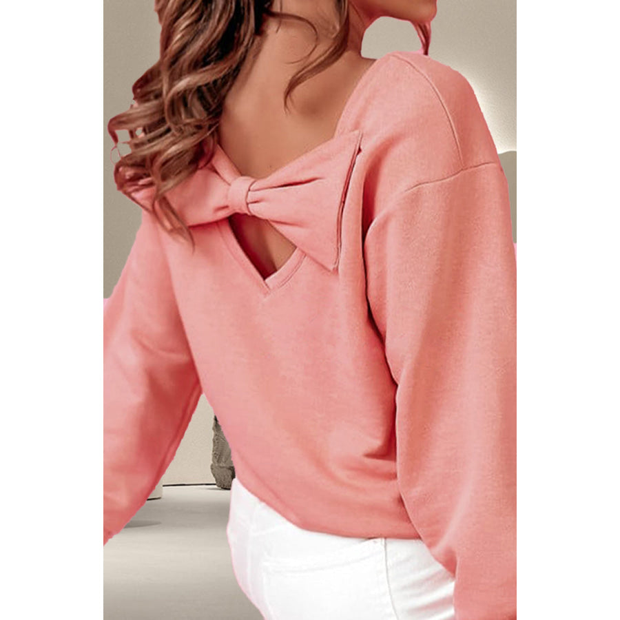 Bow Round Neck Long Sleeve Sweatshirt Coral / S Apparel and Accessories