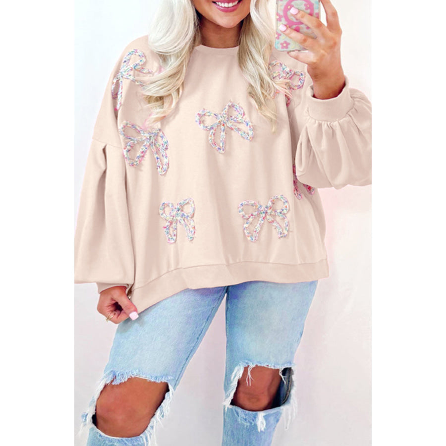 Bow Round Neck Long Sleeve Sweatshirt Cream / S Apparel and Accessories