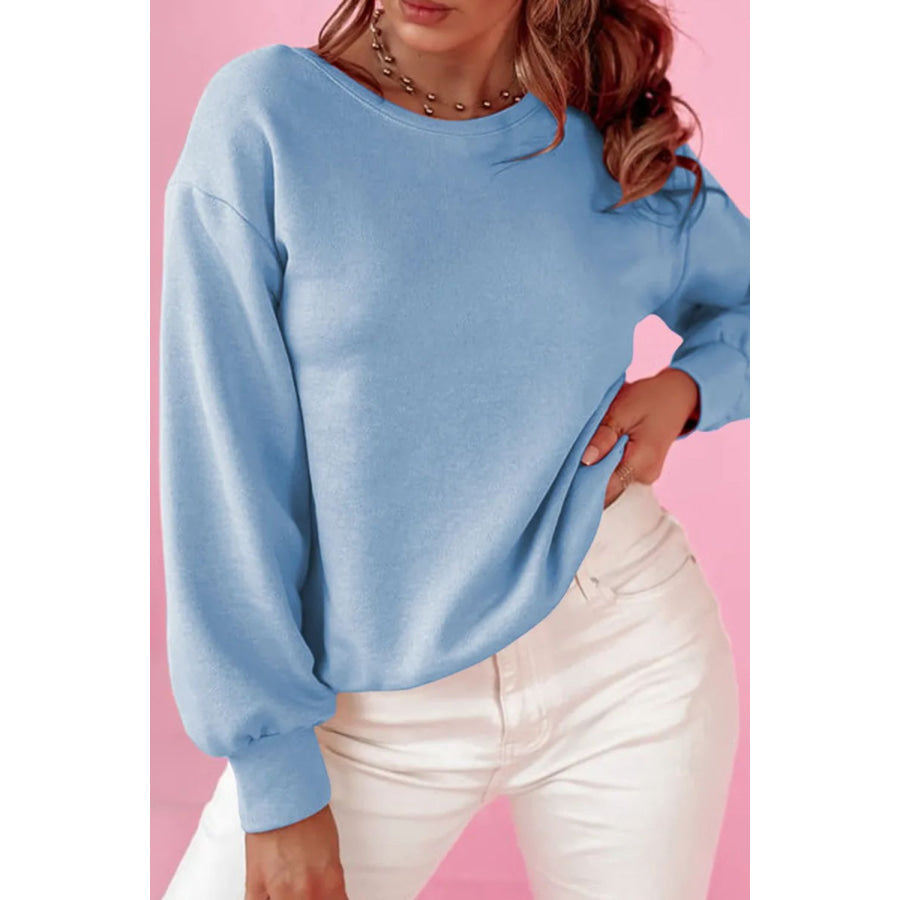 Bow Round Neck Long Sleeve Sweatshirt Light Blue / M Apparel and Accessories