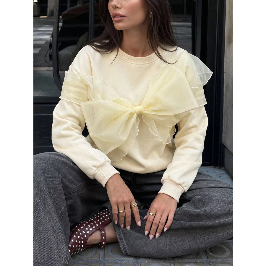 Bow Round Neck Long Sleeve Sweatshirt Orange-red / S Apparel and Accessories
