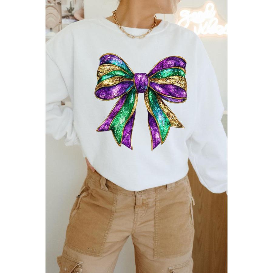 Bow Round Neck Long Sleeve Sweatshirt White / S Apparel and Accessories