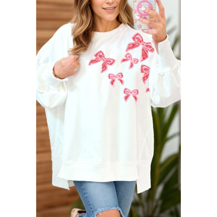 Bow Round Neck Long Sleeve Sweatshirt White / S Apparel and Accessories