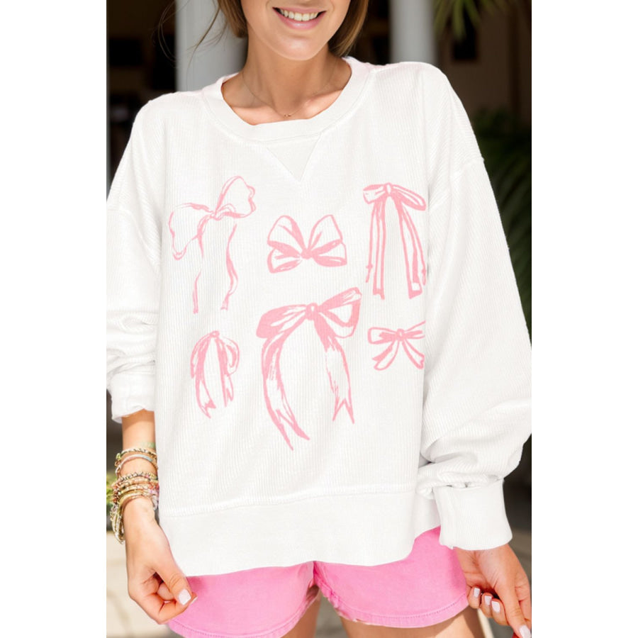 Bow Round Neck Long Sleeve Sweatshirt White / S Apparel and Accessories