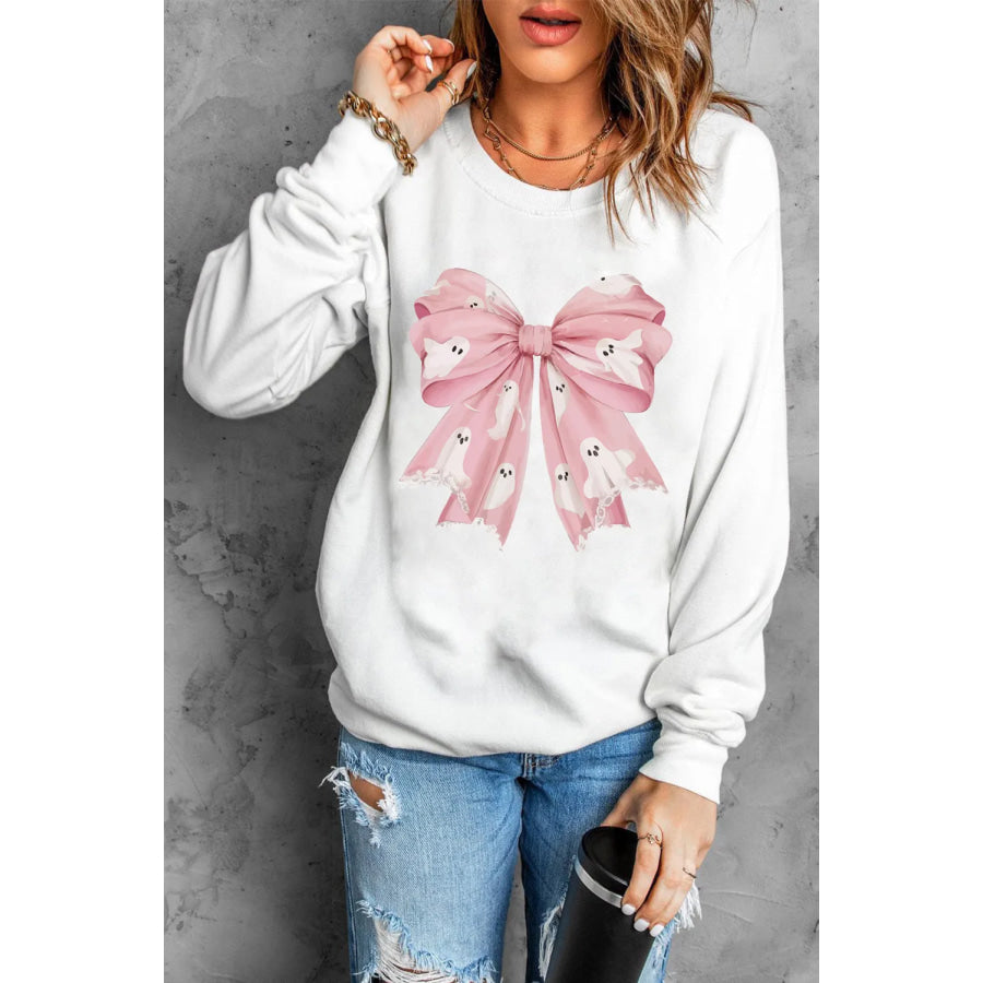 Bow Round Neck Long Sleeve Sweatshirt White / S Apparel and Accessories