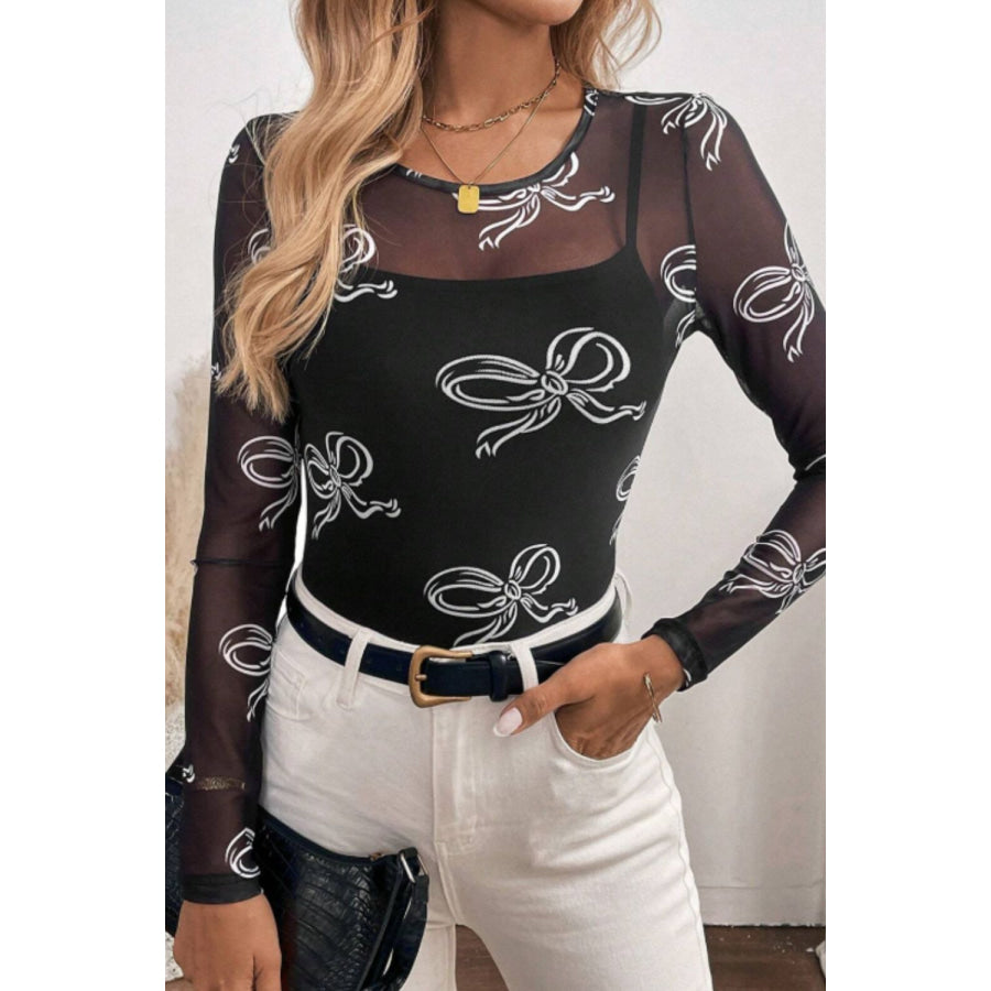 Bow Round Neck Long Sleeve Top Black / S Apparel and Accessories