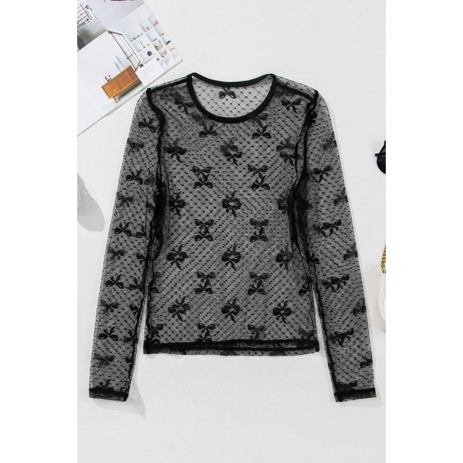 Bow Round Neck Sheer Top Apparel and Accessories