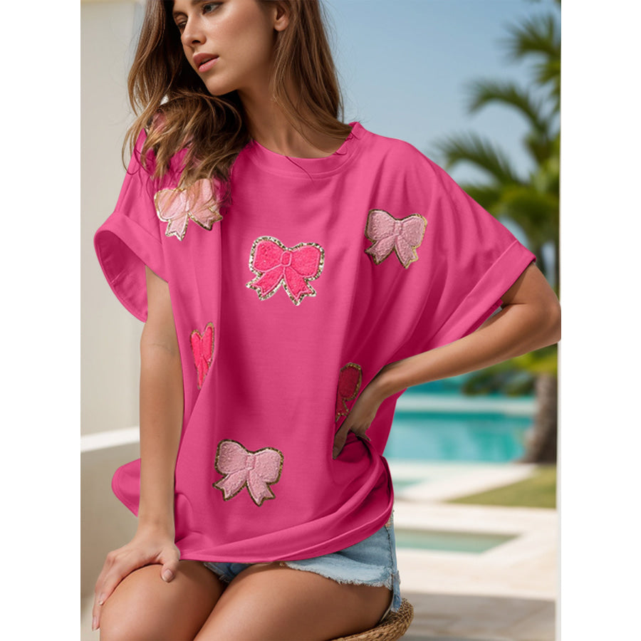 Bow Round Neck Short Sleeve T-Shirt Hot Pink / S Apparel and Accessories