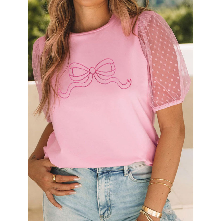 Bow Round Neck Short Sleeve Top Blush Pink / S Apparel and Accessories