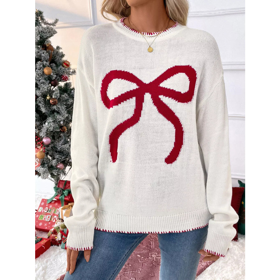 Bow Round Neck Sweater Apparel and Accessories