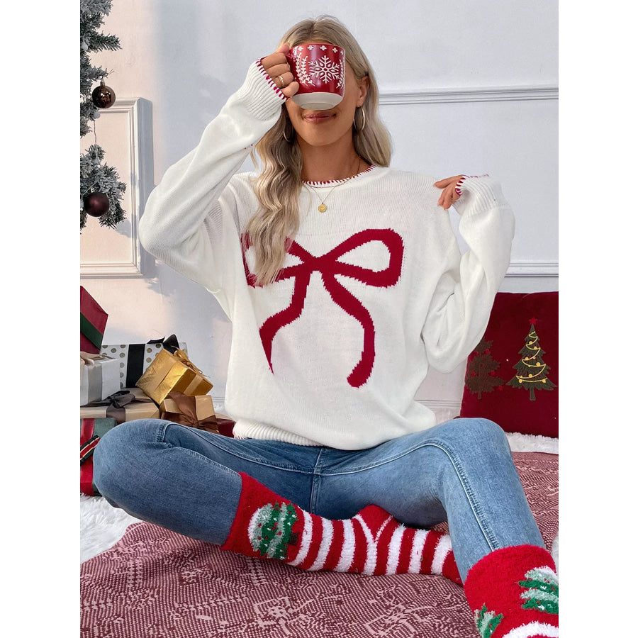 Bow Round Neck Sweater Apparel and Accessories