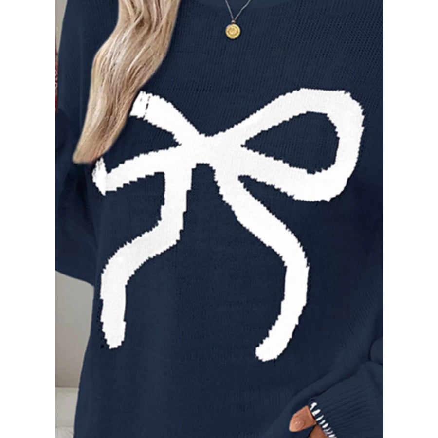 Bow Round Neck Sweater Apparel and Accessories