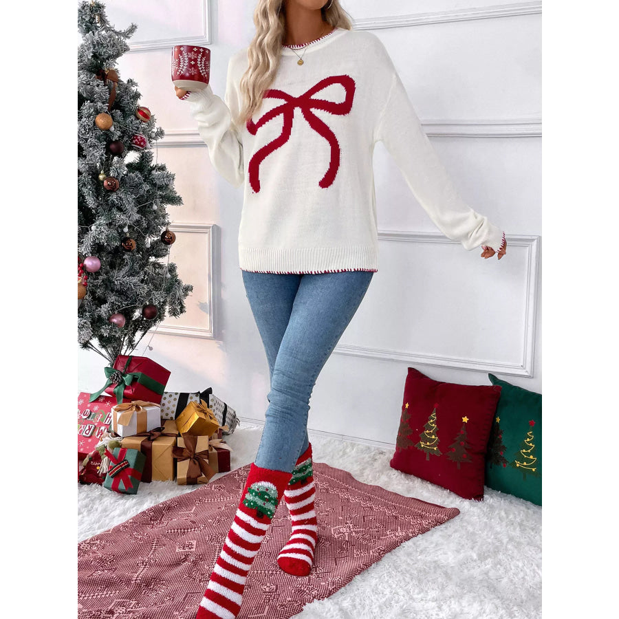 Bow Round Neck Sweater Apparel and Accessories