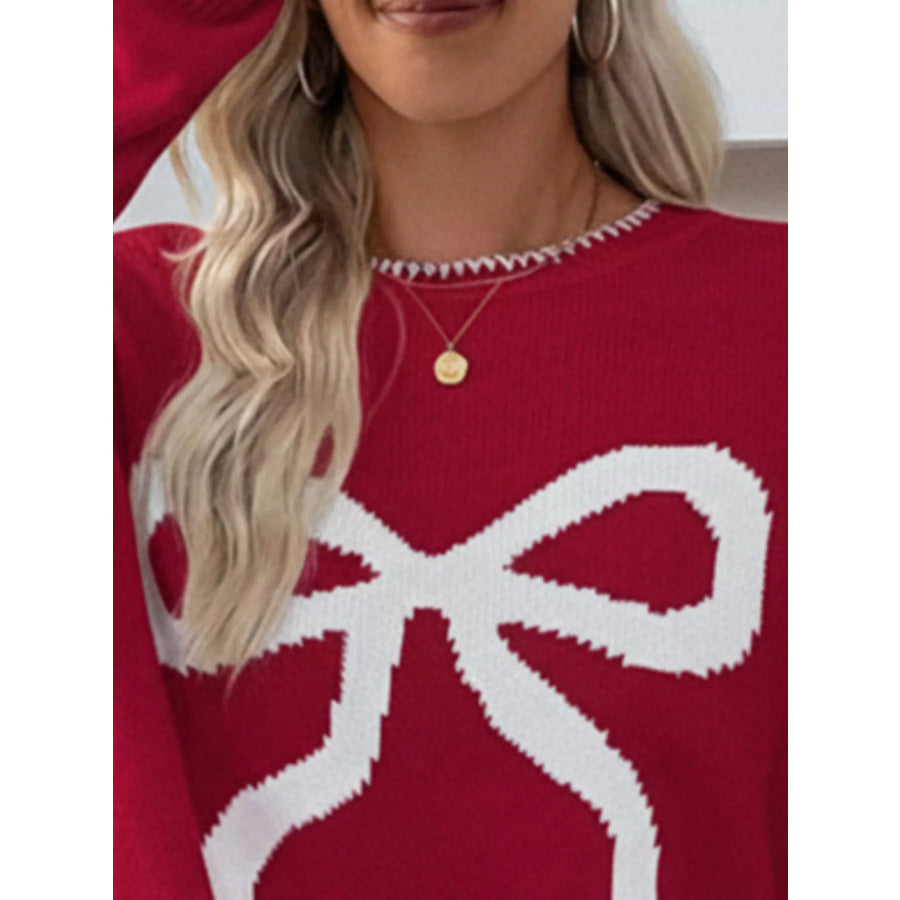 Bow Round Neck Sweater Apparel and Accessories