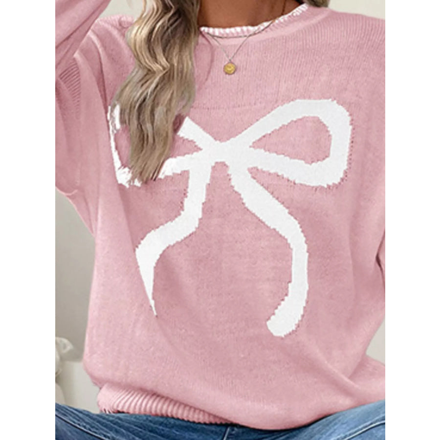 Bow Round Neck Sweater Apparel and Accessories