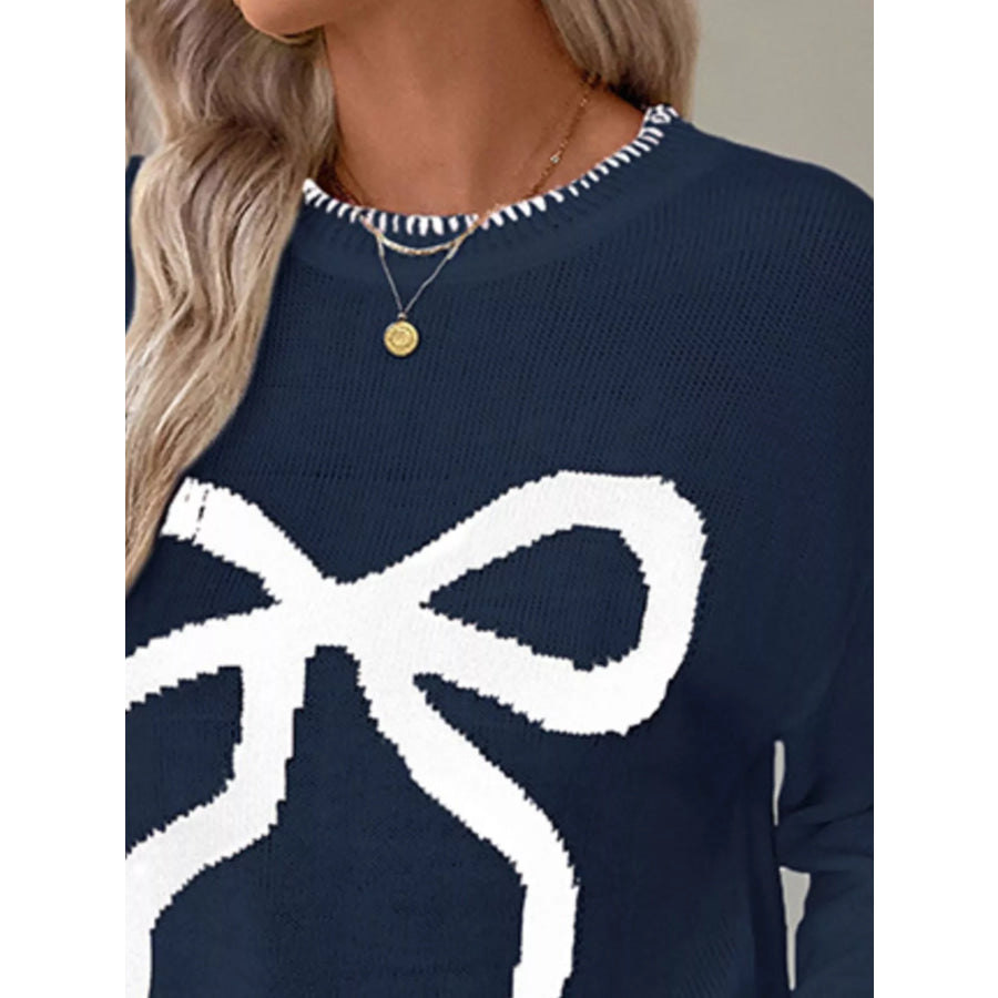 Bow Round Neck Sweater Apparel and Accessories