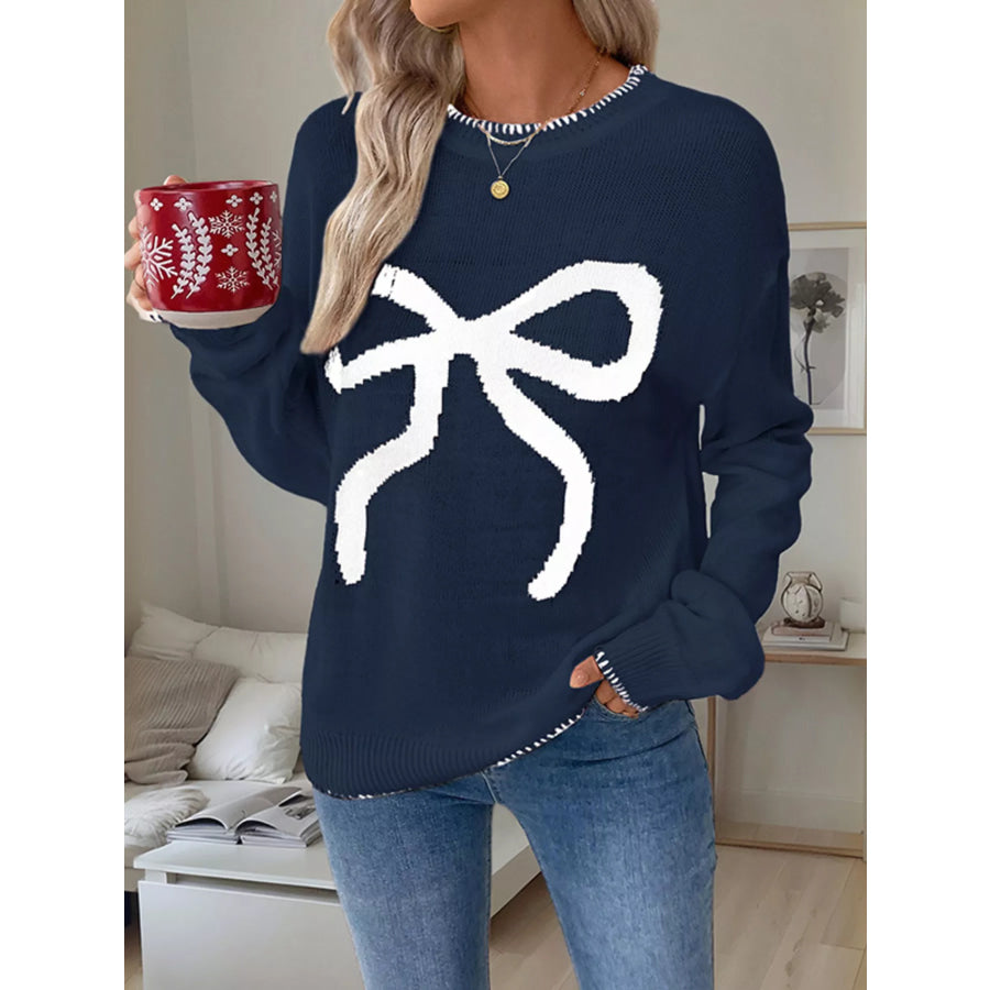 Bow Round Neck Sweater Navy Blue / S Apparel and Accessories