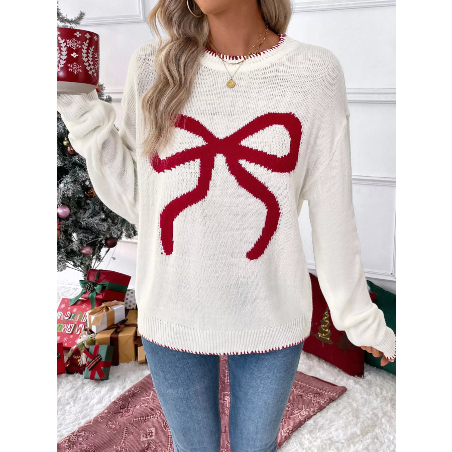 Bow Round Neck Sweater Off-white / S Apparel and Accessories