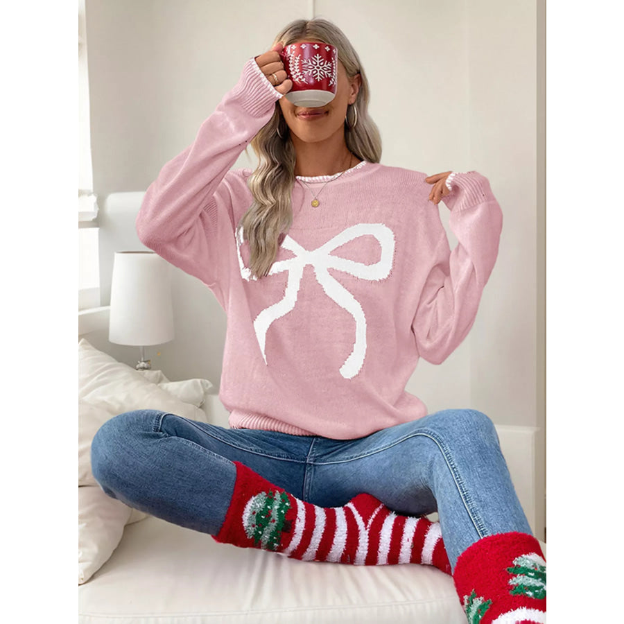 Bow Round Neck Sweater Pink / S Apparel and Accessories