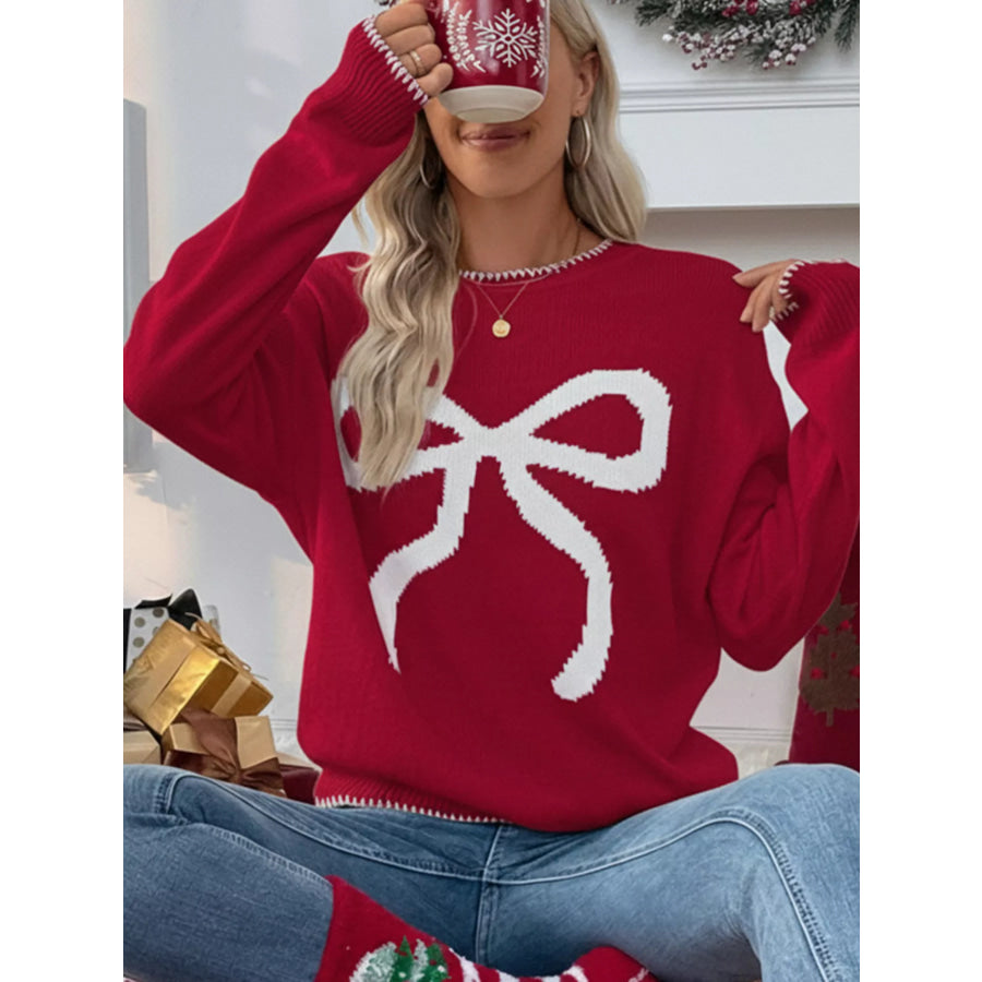 Bow Round Neck Sweater Red / S Apparel and Accessories