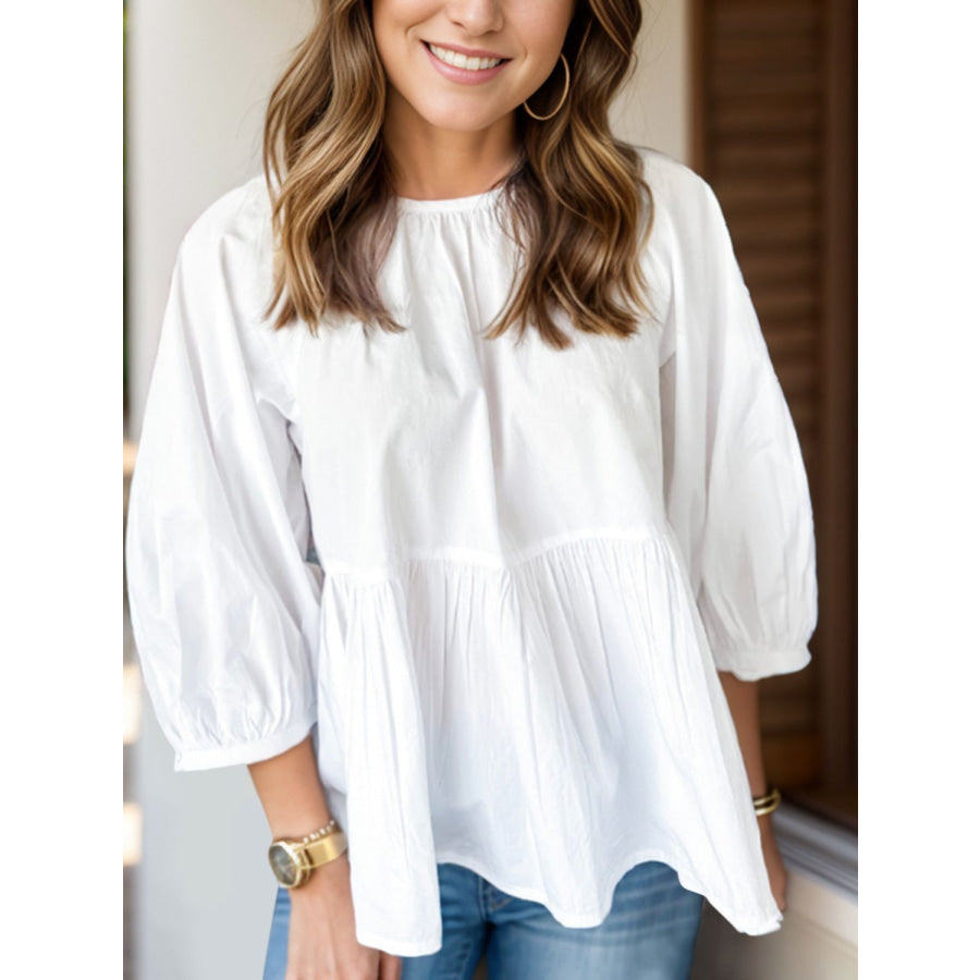 Bow Round Neck Three-Quarter Sleeve Blouse White / S Apparel and Accessories