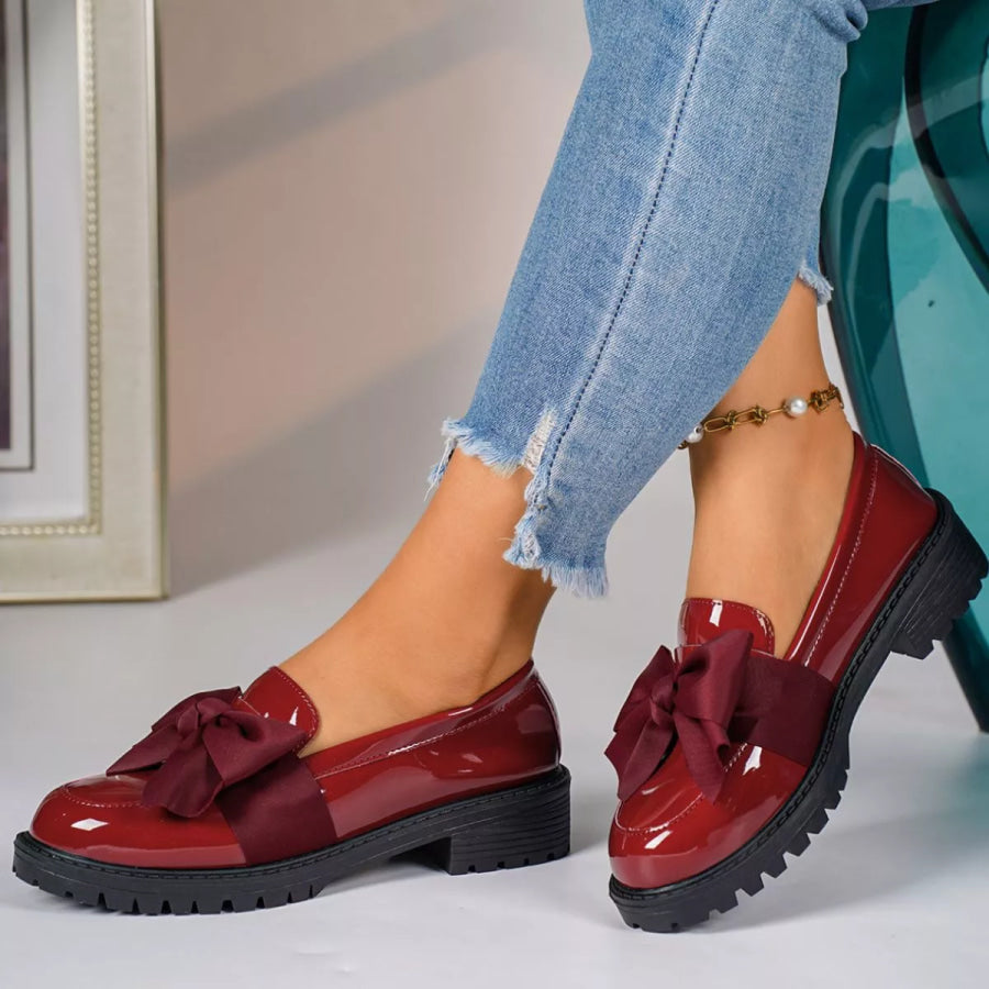 Bow Round Toe Loafers Burgundy / 36 Apparel and Accessories
