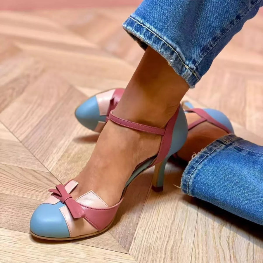 Bow Round Toe Mid Heel Sandals Blue / 35 Apparel and Accessories