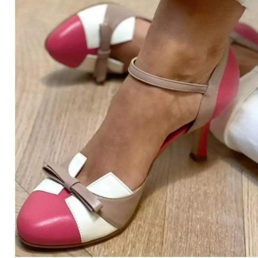 Bow Round Toe Mid Heel Sandals Red / 35 Apparel and Accessories
