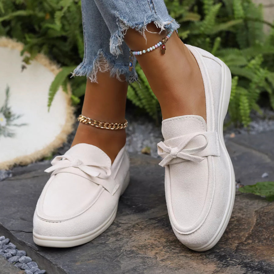 Bow Round Toe Slip-Ons Beige / 36 Apparel and Accessories