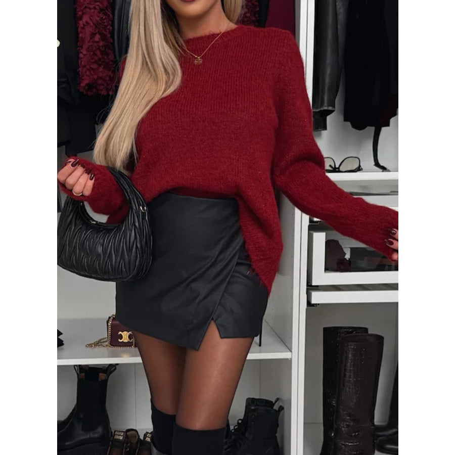 Bow Slit Back Round Neck Sweater Rust / S Apparel and Accessories