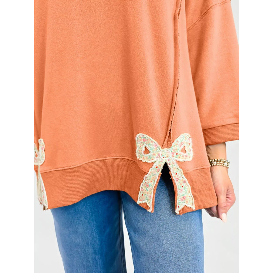 Bow Slit Round Neck Sweatshirt Apparel and Accessories