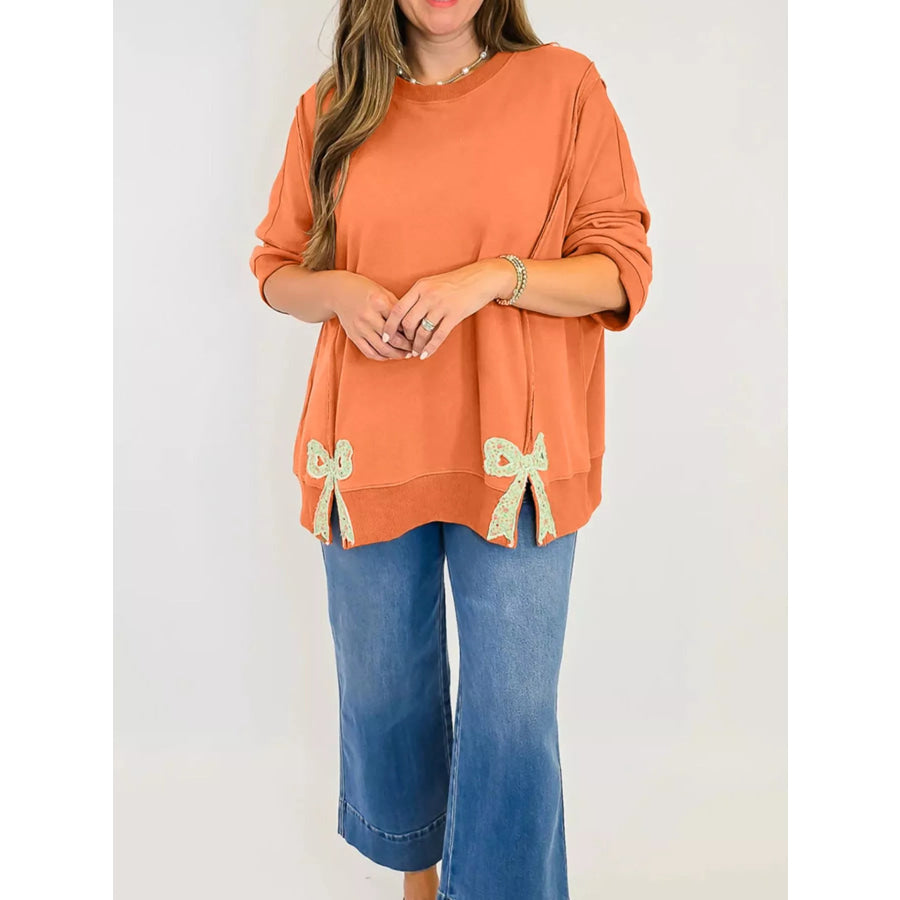 Bow Slit Round Neck Sweatshirt Apparel and Accessories