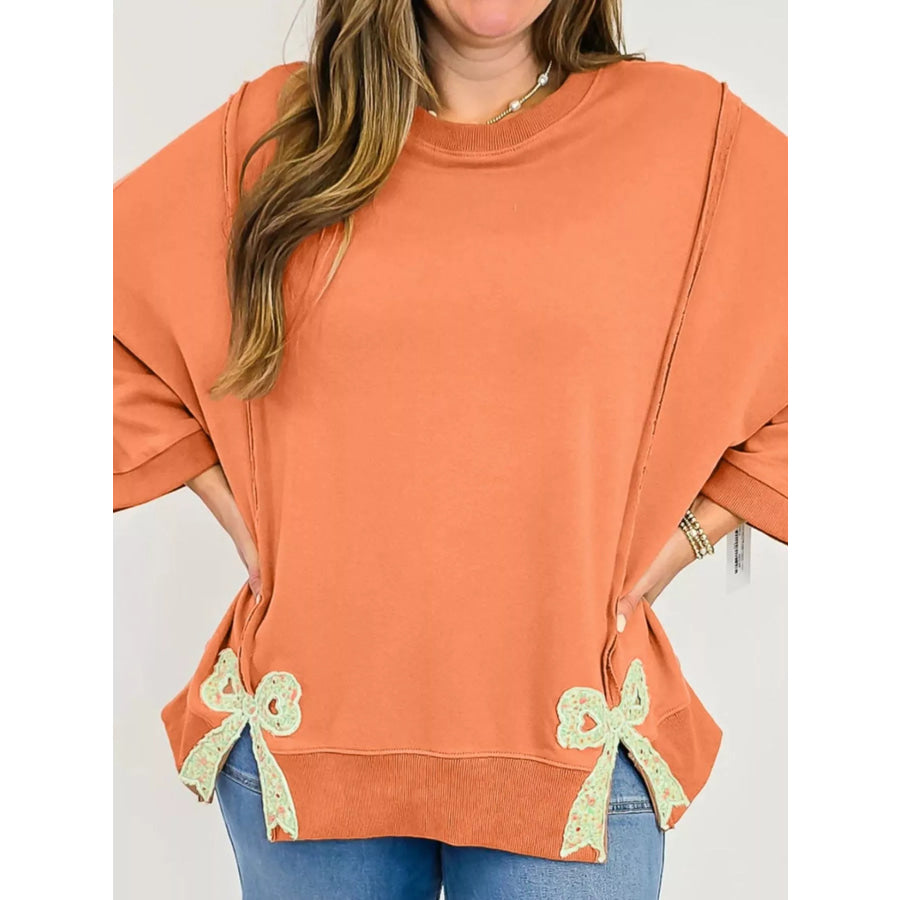Bow Slit Round Neck Sweatshirt Apparel and Accessories