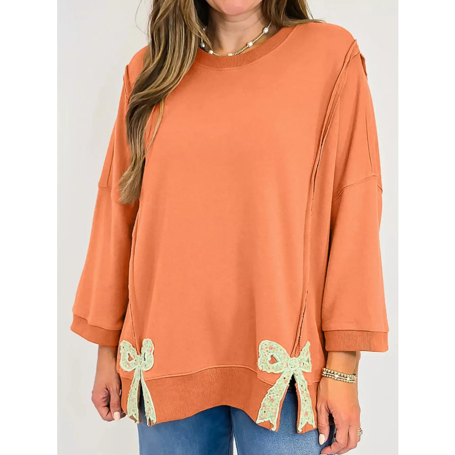 Bow Slit Round Neck Sweatshirt Tangerine / S Apparel and Accessories