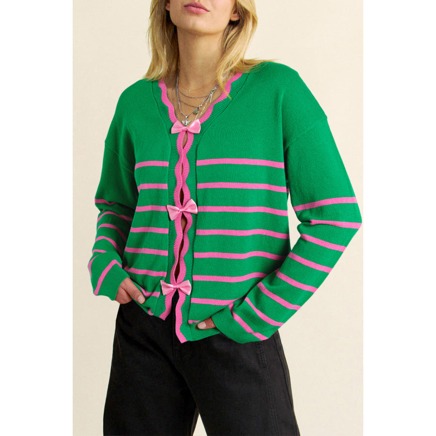 Bow Striped V-Neck Long Sleeve Cardigan Apparel and Accessories