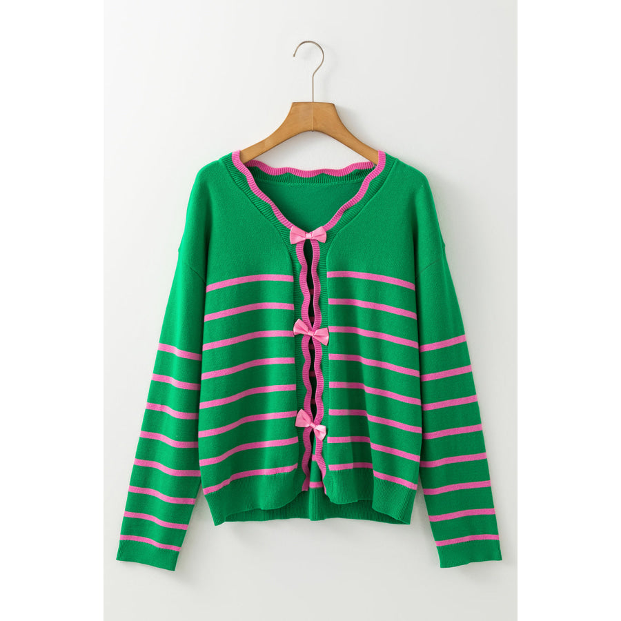 Bow Striped V-Neck Long Sleeve Cardigan Apparel and Accessories