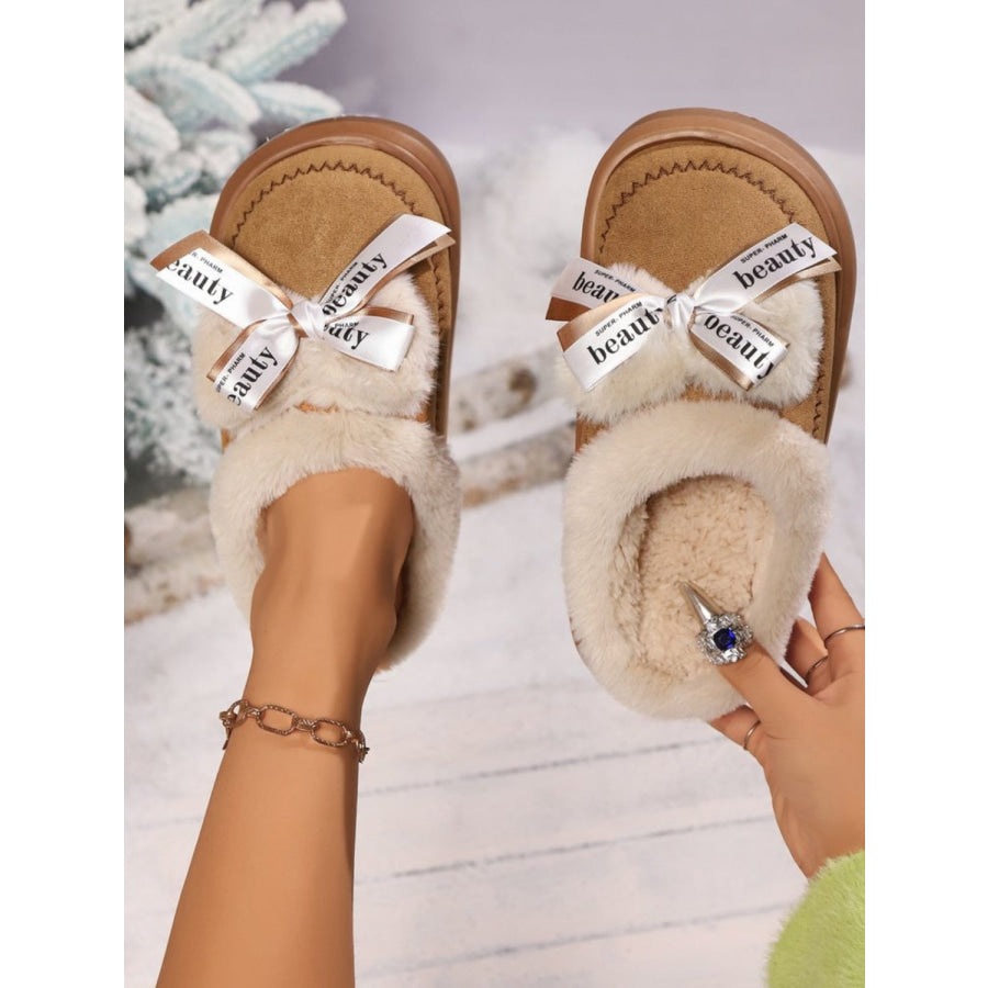 Bow Suede Platform Plush Slippers Apparel and Accessories