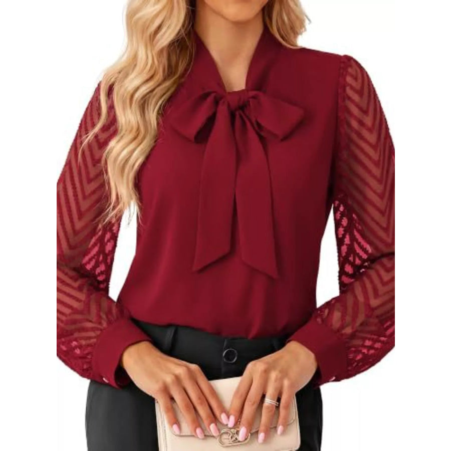 Bow-Tie Blouse with Sheer Chevron Long Sleeves Apparel and Accessories