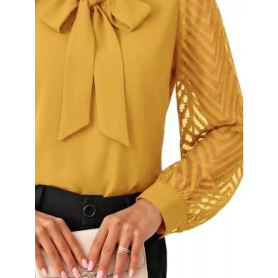 Bow-Tie Blouse with Sheer Chevron Long Sleeves Apparel and Accessories
